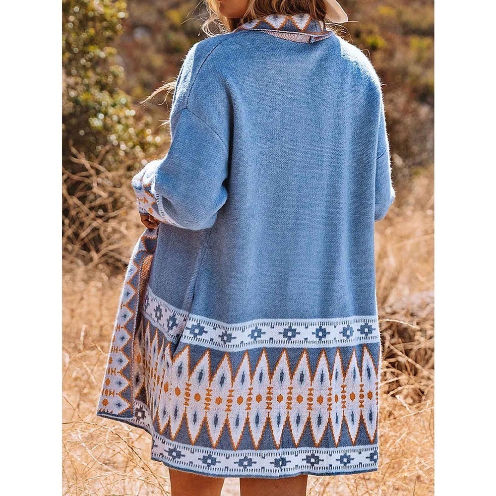 boho aztec print oversized long Open Front Cardigan sweater - Picture 2 of 8